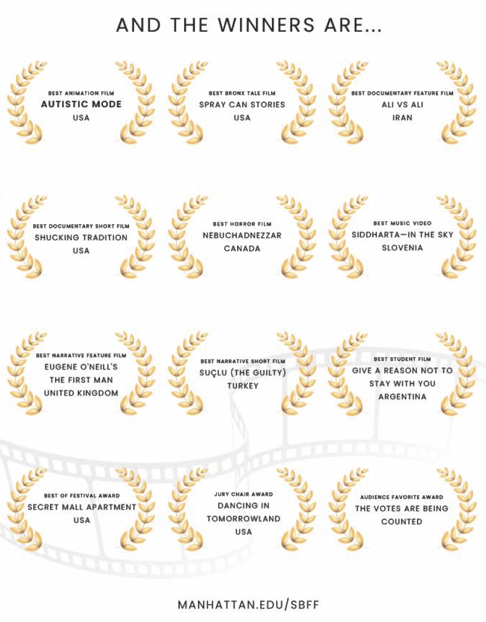 Poster-style graphic announcing the 2026 Sixth Borough Film Festival award winners across categories including animation, documentary, narrative, and student film, with titles and countries listed.