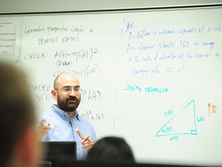 Professor gives lesson at board