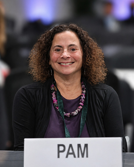 Pamela Chasek sits at a conference table with a name placard, smiling during a National Model UN session in a large meeting room