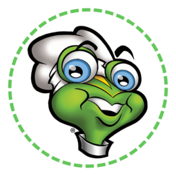 Cartoon graphic of Coqui, the chef depicted as a smiling green lizard with bright blue eyes and is wearing a chef's hat.