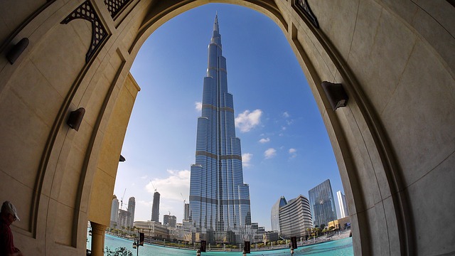 A view of the Burj Khalifa in Dubai through an arch.